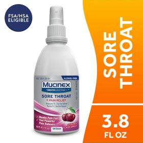 Mucinex® InstaSoothe Sore Throat + Pain Relief Sore Throat Spray. Powerful sore throat relief with soothing cherry flavor.