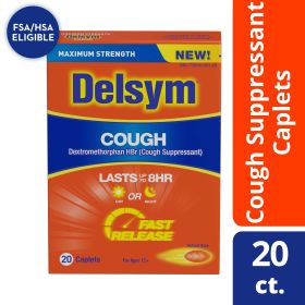 Maximum Strength Delsym Cough Suppressant, Fast Release Caplets, lasts up to 8 hour day or night, 20 count