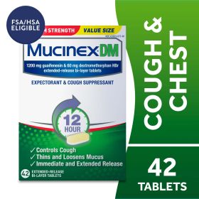 Mucinex DM 12 Hour Max Strength Expectorant & Cough Medicine, Excess Mucus Relief, FSA, 42 Tablets